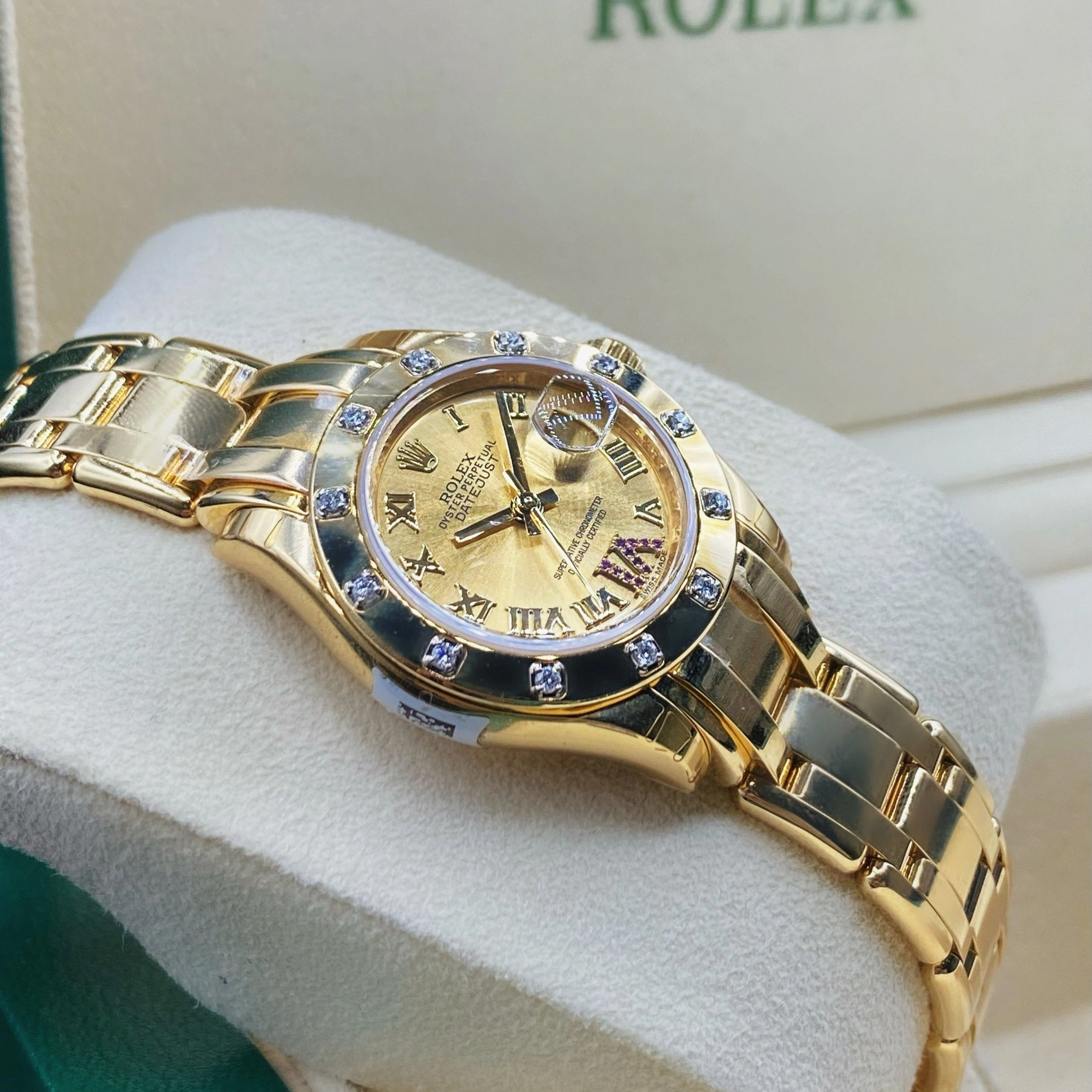 Rolex Pearlmaster 29mm - Ref: 80318-0163 - Champagne Roman Diamond Dial & Diamond Bezel, 18K Yellow Gold Bracelet Women's Watch