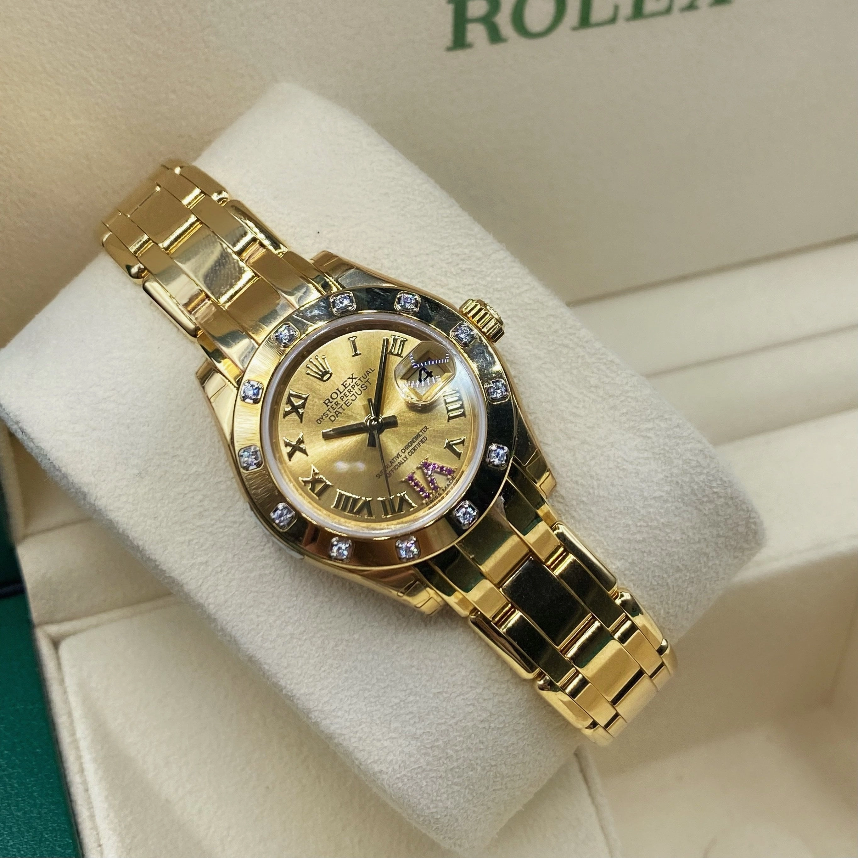 Rolex Pearlmaster 29mm - Ref: 80318-0163 - Champagne Roman Diamond Dial & Diamond Bezel, 18K Yellow Gold Bracelet Women's Watch