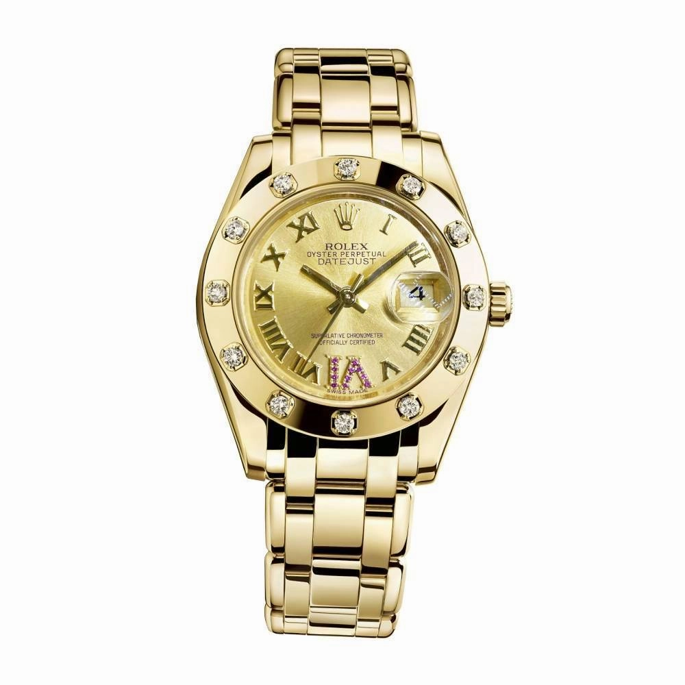 Rolex Pearlmaster 29mm - Ref: 80318-0163 - Champagne Roman Diamond Dial & Diamond Bezel, 18K Yellow Gold Bracelet Women's Watch