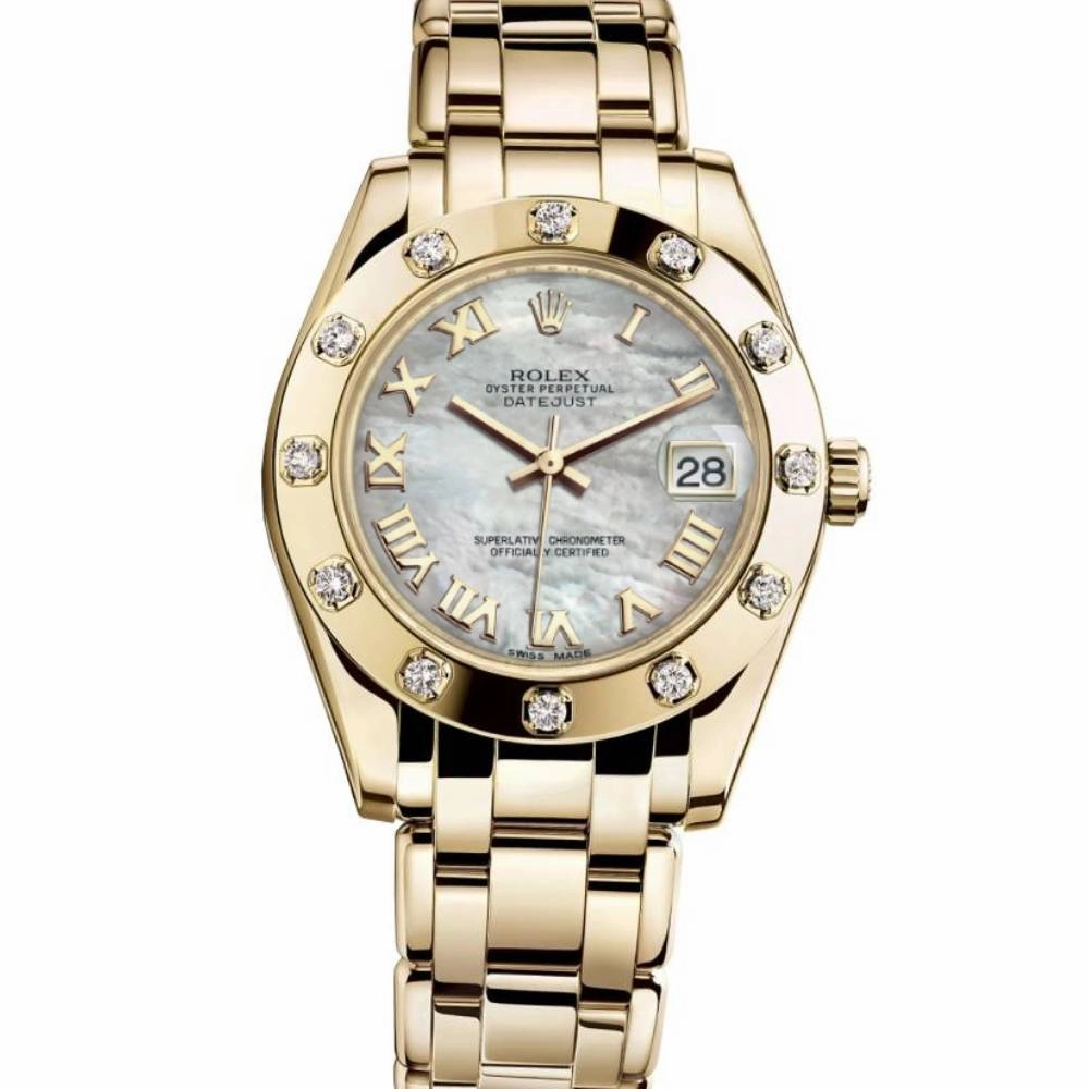 Rolex Pearlmaster 34mm - Ref: 81318-0005 - White mother of Pearl Roman Dial & Diamond Bezel, 18K Yellow Gold Bracelet Women's Watch