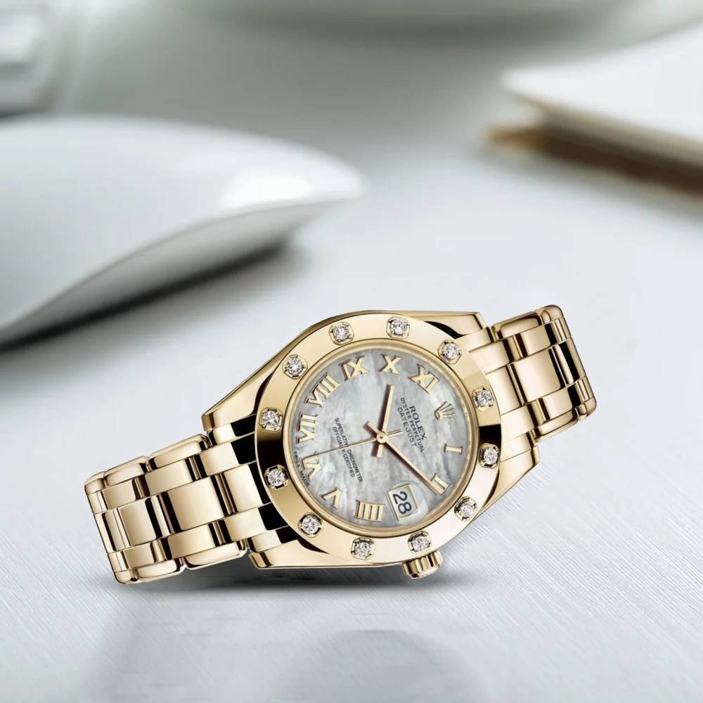 Rolex Pearlmaster 34mm - Ref: 81318-0005 - White mother of Pearl Roman Dial & Diamond Bezel, 18K Yellow Gold Bracelet Women's Watch