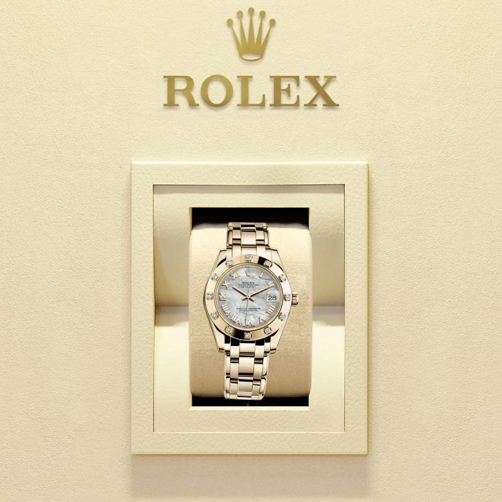 Rolex Pearlmaster 34mm - Ref: 81318-0005 - White mother of Pearl Roman Dial & Diamond Bezel, 18K Yellow Gold Bracelet Women's Watch