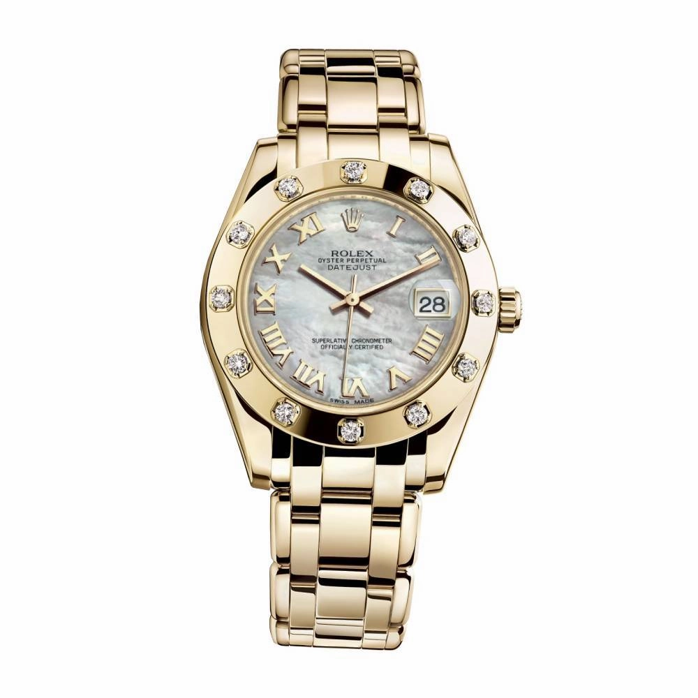 Rolex Pearlmaster 34mm - Ref: 81318-0005 - White mother of Pearl Roman Dial & Diamond Bezel, 18K Yellow Gold Bracelet Women's Watch