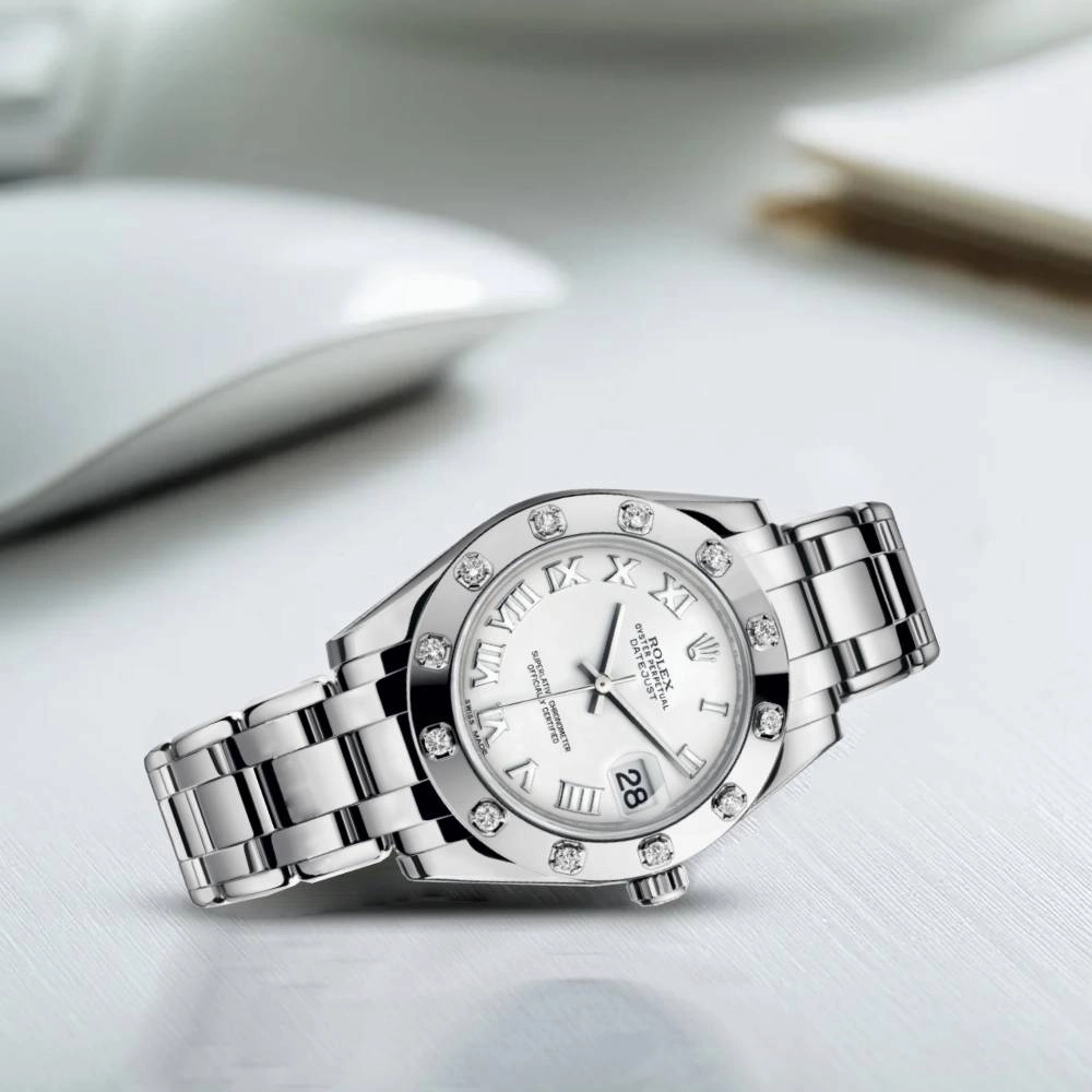 Rolex Pearlmaster 34mm - Ref: 81319-0008 - White Roman Dial & Diamond Bezel, 18K White Gold Bracelet Women's Watch