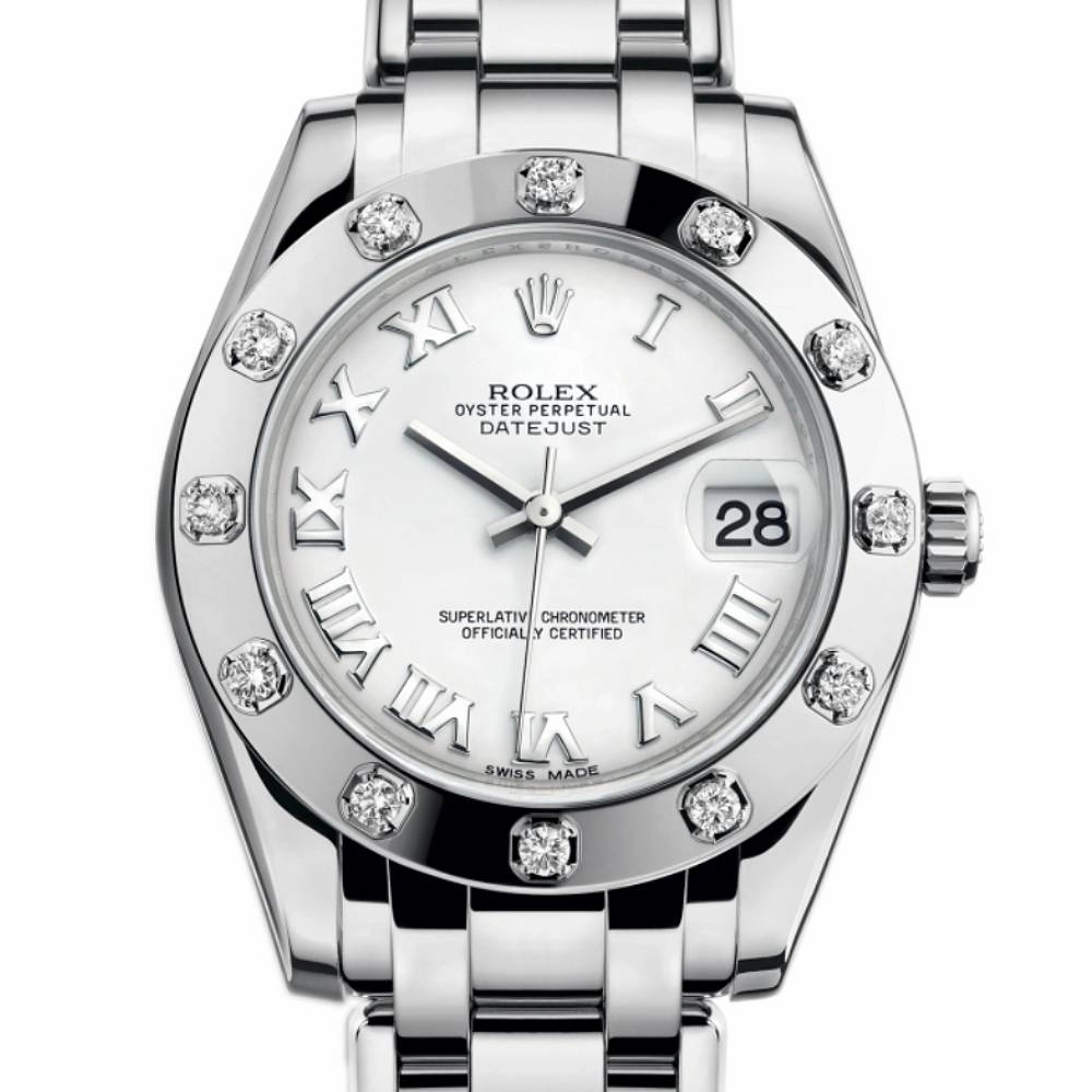 Rolex Pearlmaster 34mm - Ref: 81319-0008 - White Roman Dial & Diamond Bezel, 18K White Gold Bracelet Women's Watch