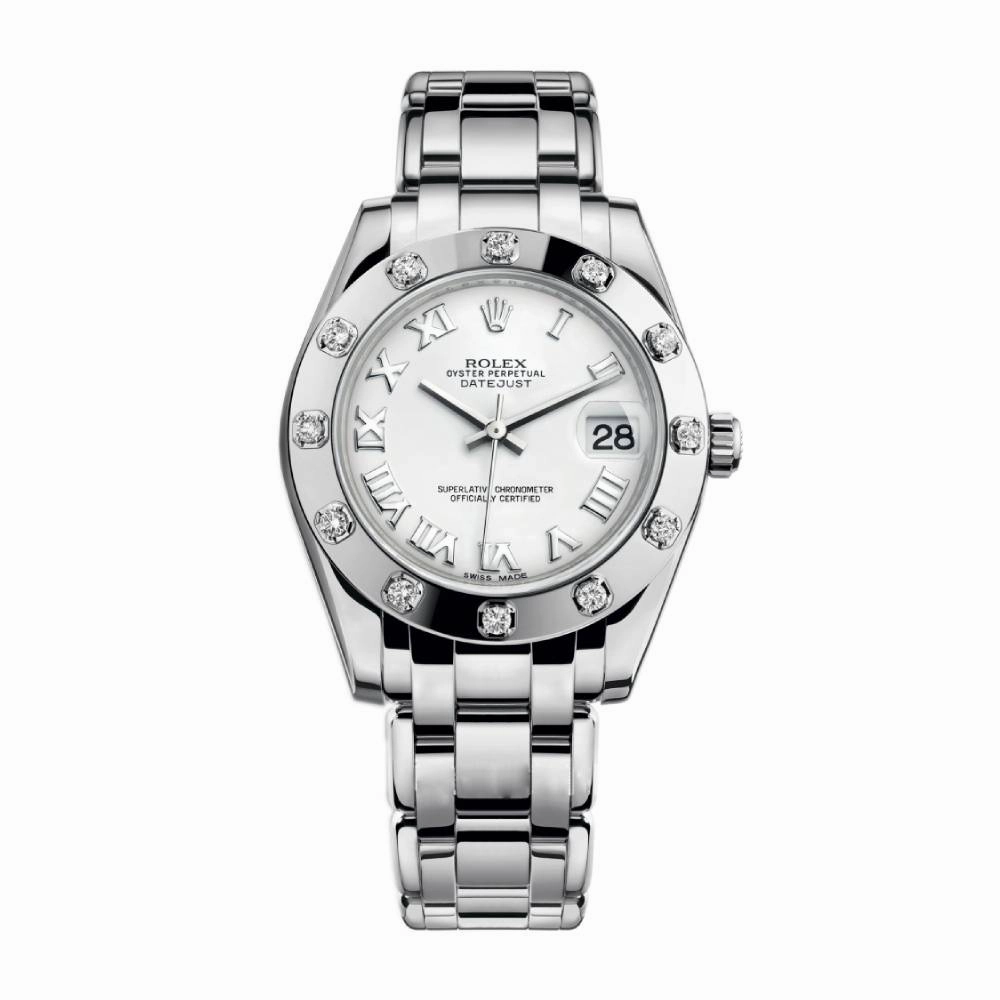 Rolex Pearlmaster 34mm - Ref: 81319-0008 - White Roman Dial & Diamond Bezel, 18K White Gold Bracelet Women's Watch