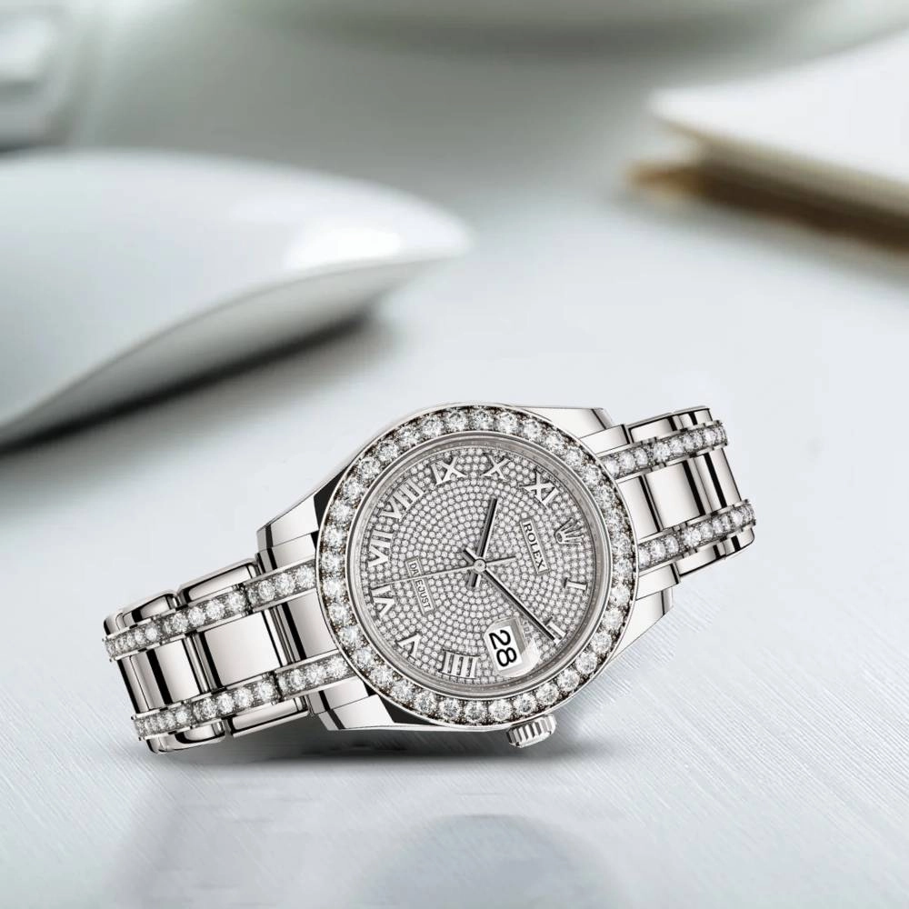 Rolex Pearlmaster 39mm - Ref: 86289-0006 - Pave Roman Diamond Dial & Diamond Bezel, 18K White Gold Diamond Bracelet Women's Watch