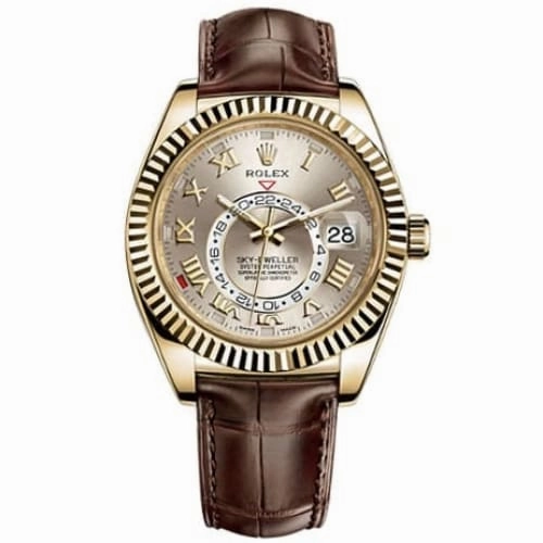 Rolex Sky-Dweller 42mm - Ref: 326138 - Sunray Silver Roman Dial, 18K Yellow Gold & Brown Leather Strap Watch
