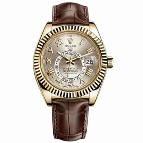 Rolex Sky-Dweller 42mm - Ref: 326138 - Sunray Silver Roman Dial, 18K Yellow Gold & Brown Leather Strap Watch