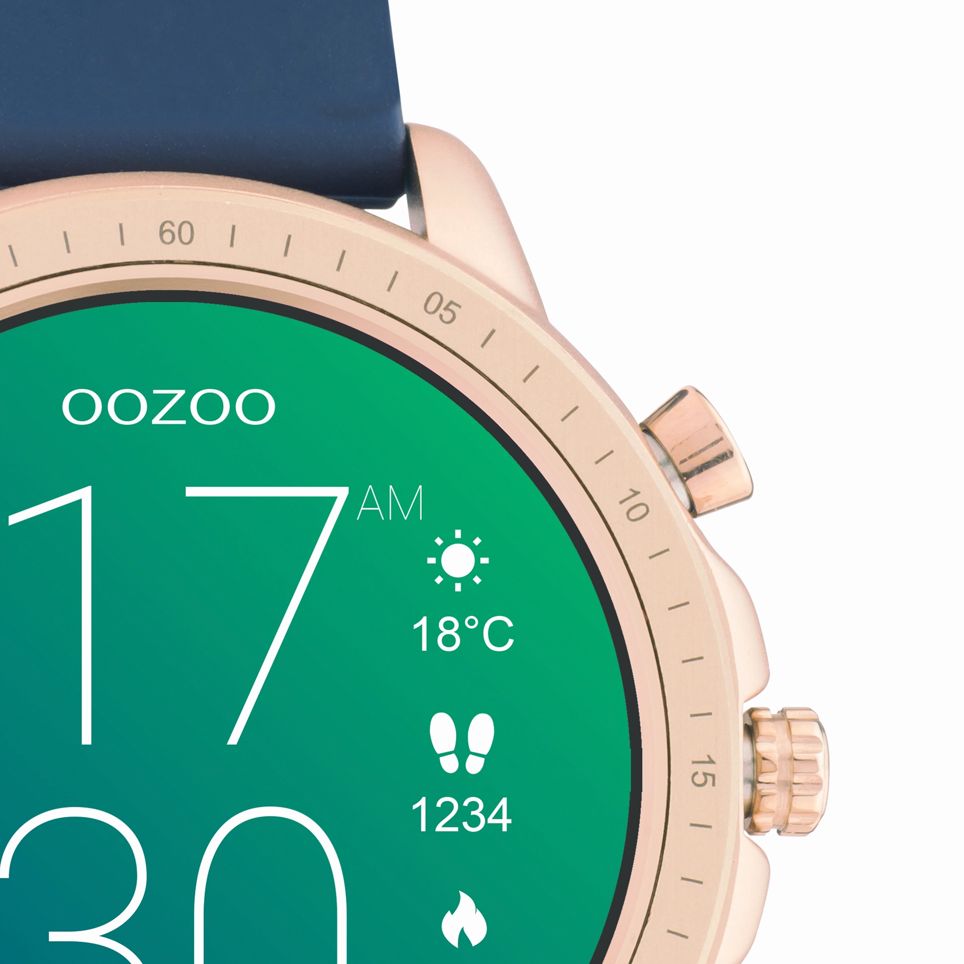 Rose gold coloured OOZOO smartwatch with dark blue rubber strap - Q00326