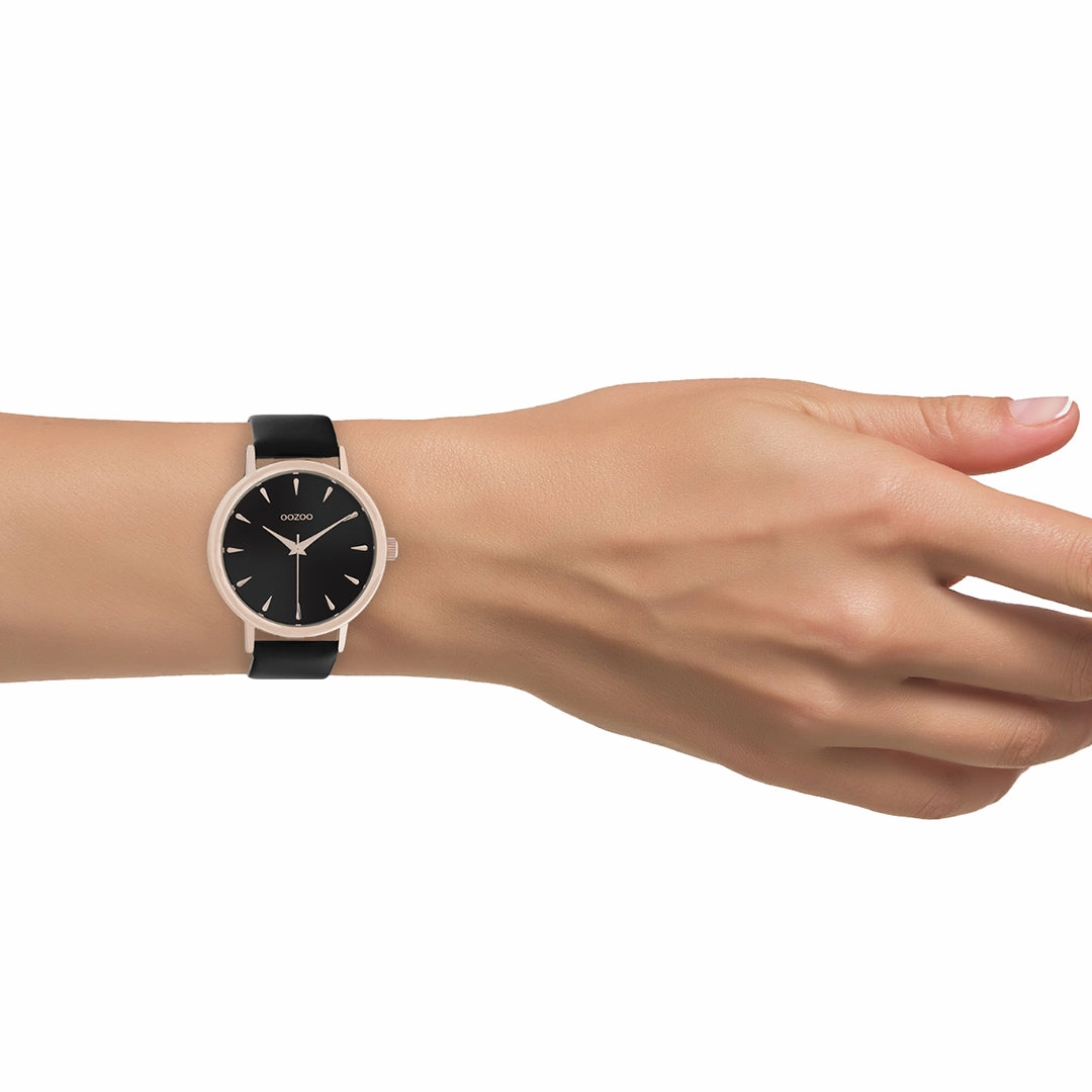 Rose gold coloured OOZOO watch with black leather strap - C10829