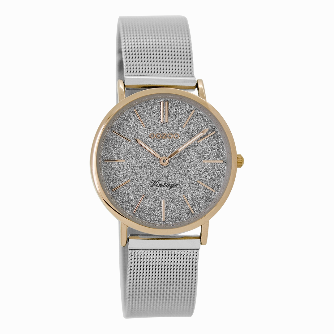 Rose gold coloured OOZOO watch with silver coloured metal mesh bracelet - C8838