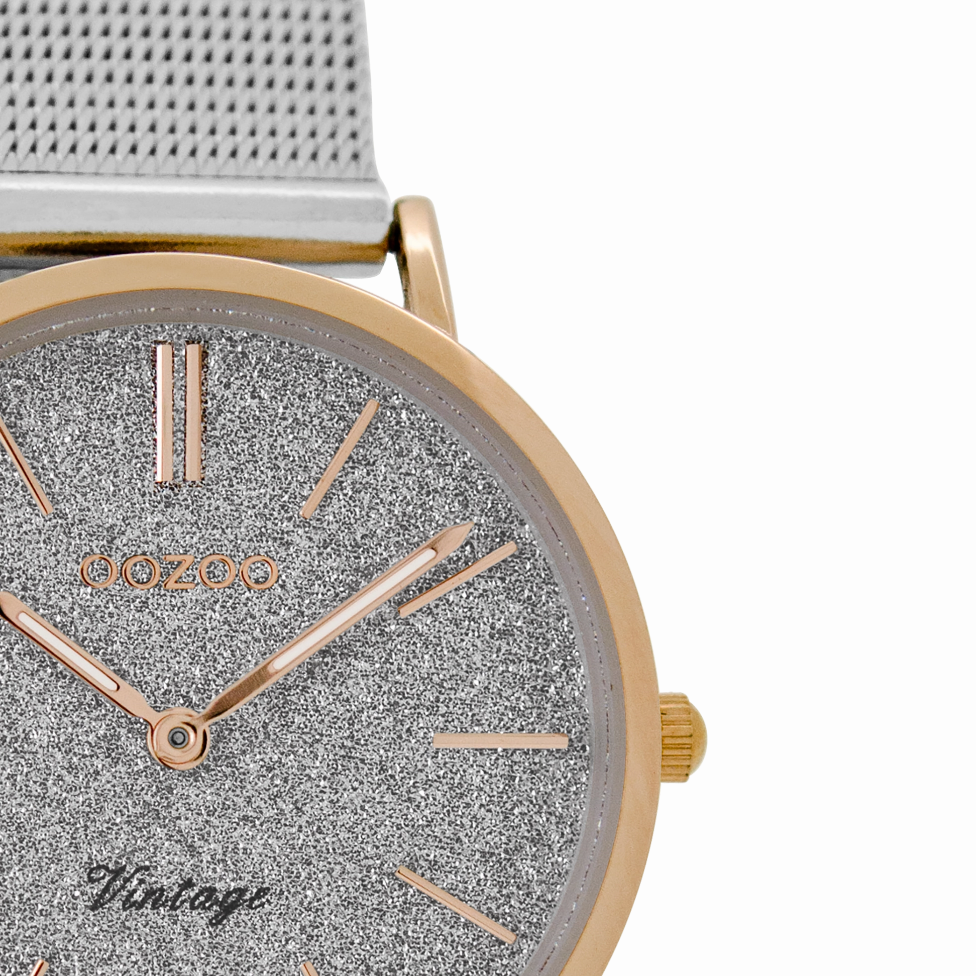 Rose gold coloured OOZOO watch with silver coloured metal mesh bracelet - C8838