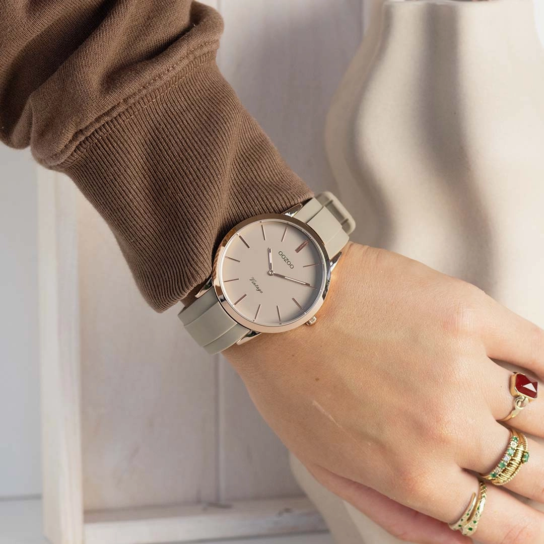 Rose gold coloured OOZOO watch with taupe rubber strap - C20170