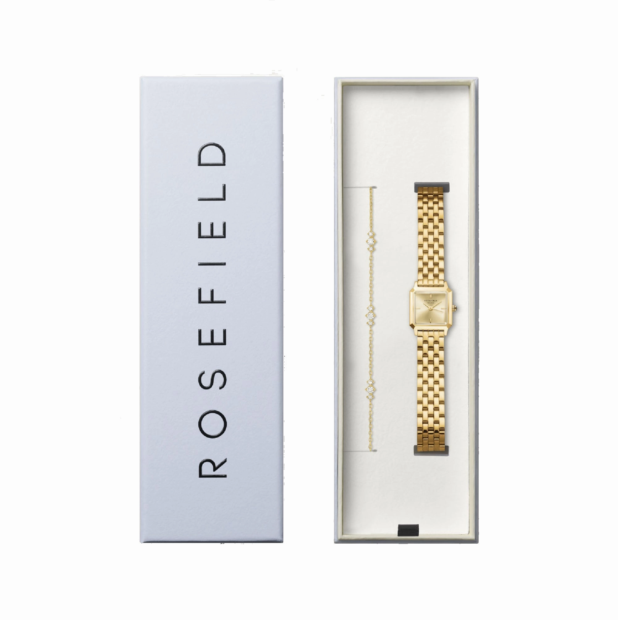 Rosefield Boxelle Gold Dial Stainless Steel Watch and Crystal Detailed Bracelet BCGTC-X284