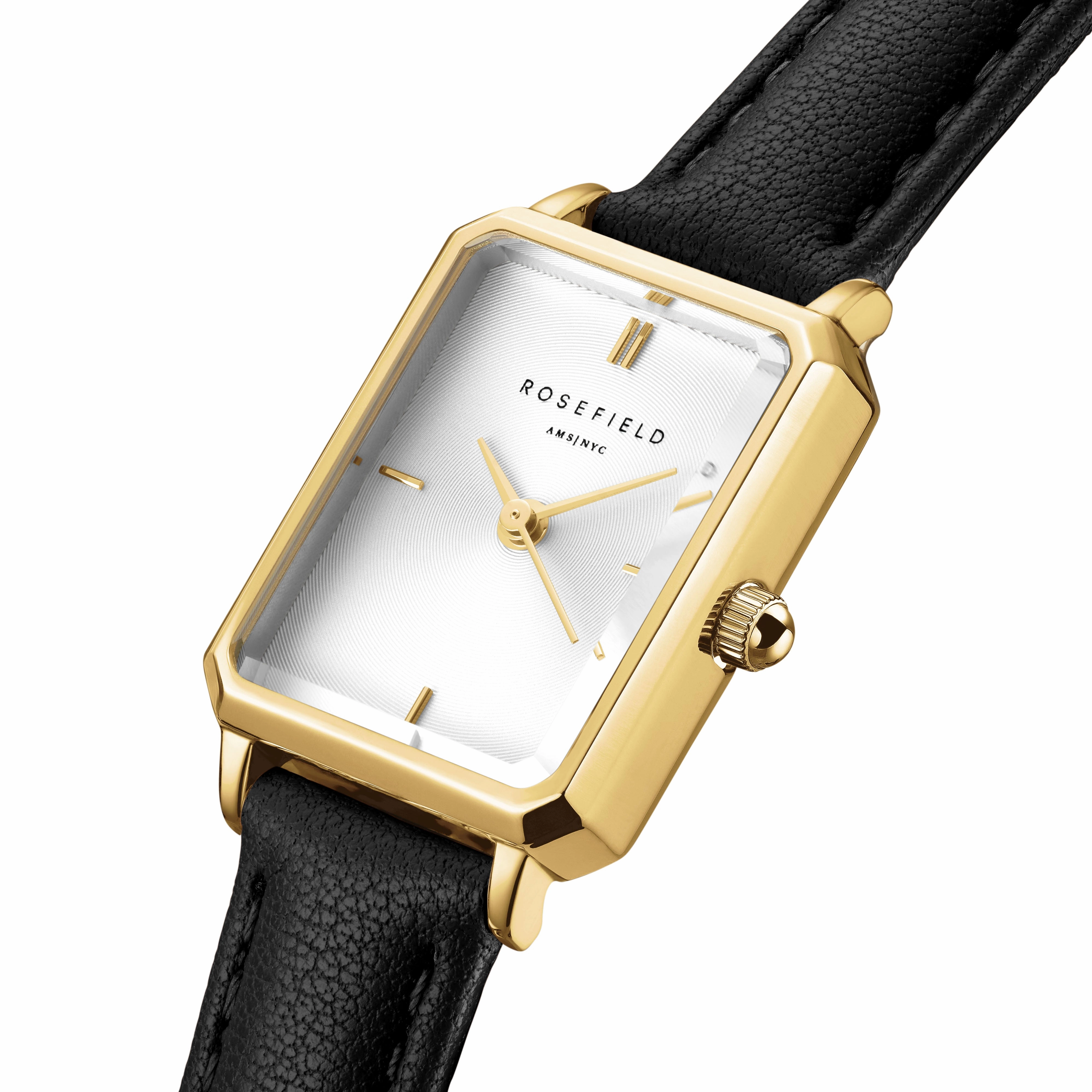 Rosefield  Octagon XS White Gold  Black Leather Watch OWBLG-O84