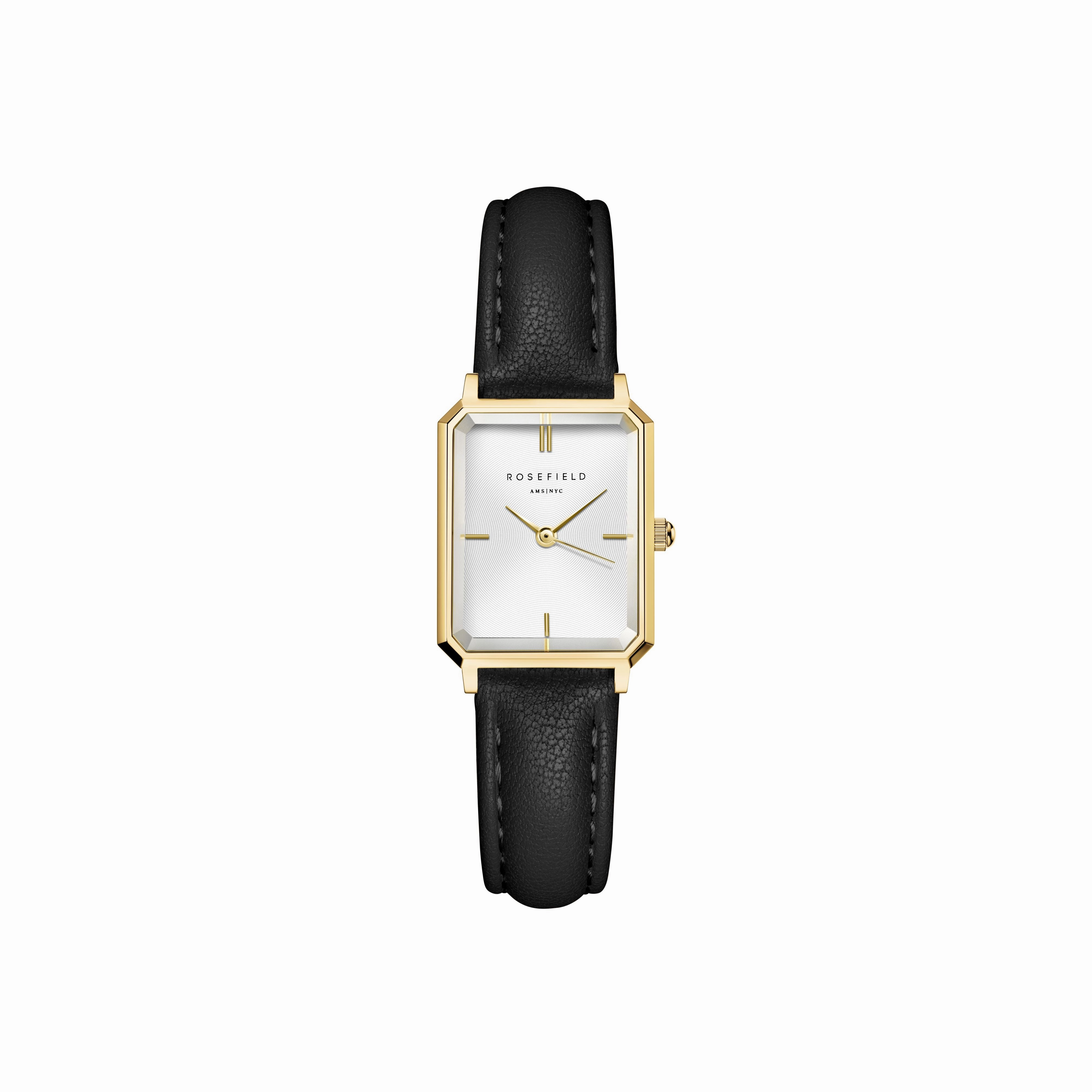 Rosefield  Octagon XS White Gold  Black Leather Watch OWBLG-O84