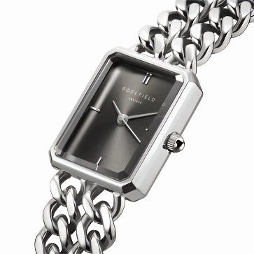 Rosefield Watch - Octagon Extra Small Grey Dial & Double Silver Chain Strap