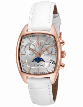 S.Coifman Womens Tonneau Moonphase Chronograph - Rose-Tone - White Leather Strap
