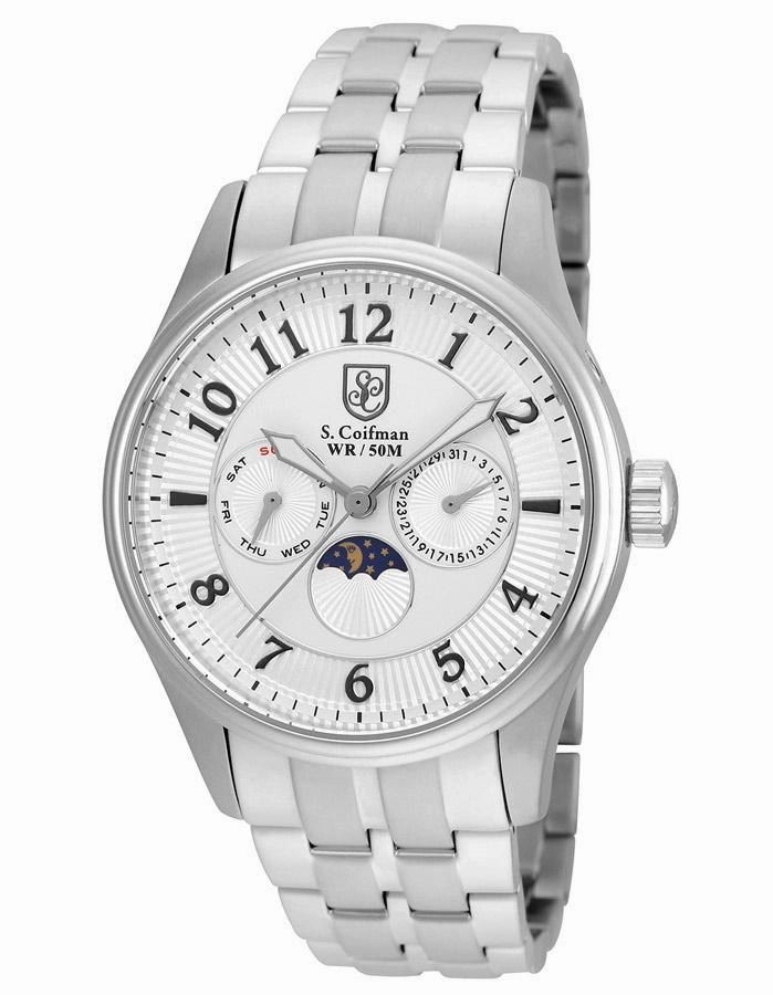 S.Coifton Mens Moon Phase Calendar Watch - Stainless - White Dial - Bracelet