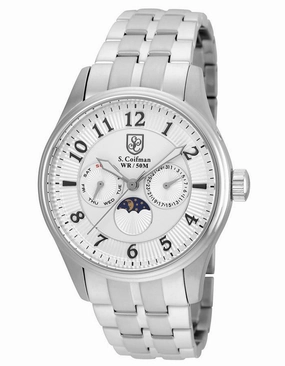 S.Coifton Mens Moon Phase Calendar Watch - Stainless - White Dial - Bracelet