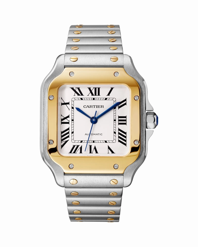 SANTOS DE CARTIER, MEDIUM, AUTOMATIC, YELLOW GOLD AND STEEL, INTERCHANGEABLE METAL AND LEATHER BRACELETS