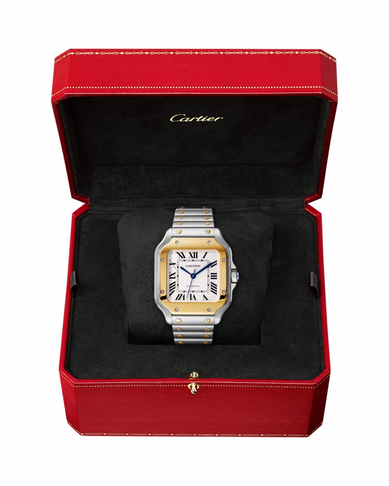 SANTOS DE CARTIER, MEDIUM, AUTOMATIC, YELLOW GOLD AND STEEL, INTERCHANGEABLE METAL AND LEATHER BRACELETS