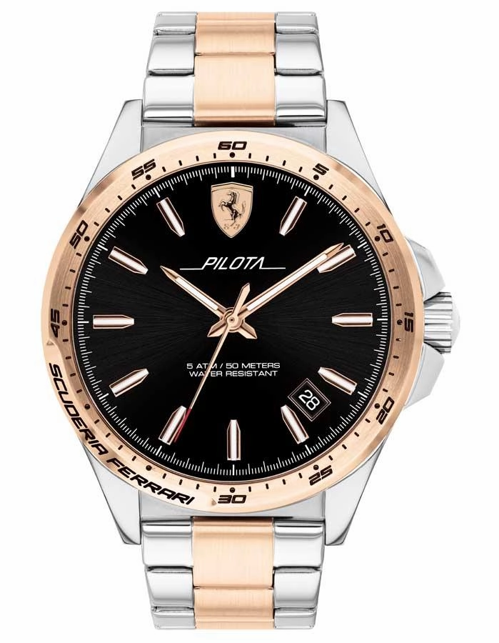Scuderia Ferrari Pilota Mens Watch - Two-Tone - Black Dial - Date - Bracelet