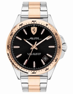 Scuderia Ferrari Pilota Mens Watch - Two-Tone - Black Dial - Date - Bracelet