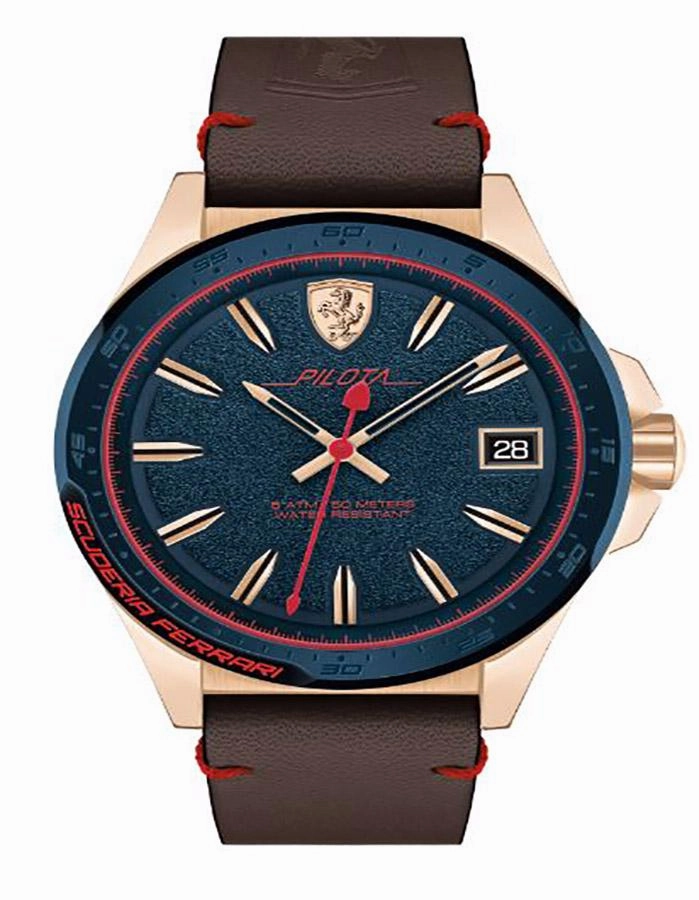 Scuderia Ferrari Pilota Watch -Rose Gold Tone - Date - Brown Leather Strap
