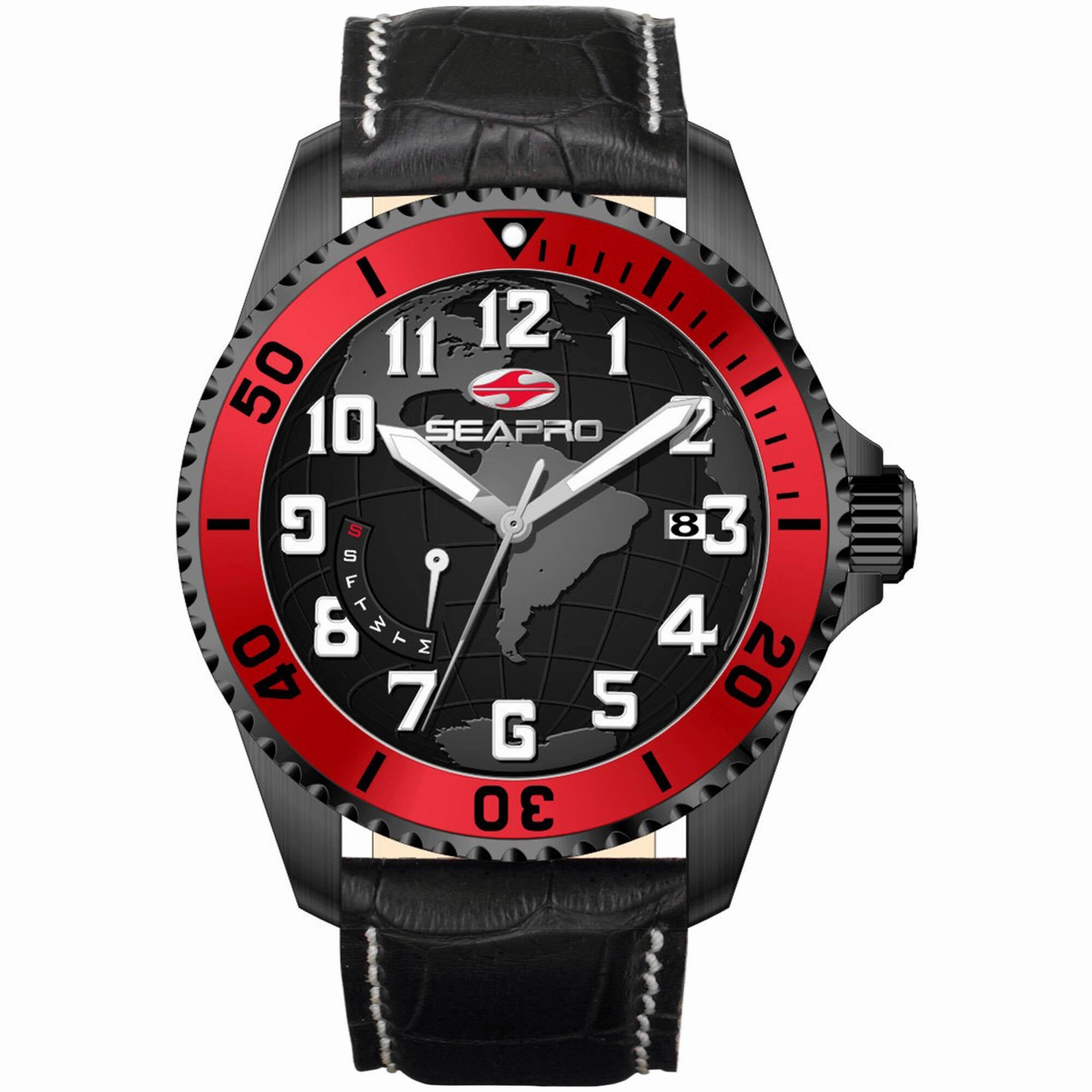 Seapro Men's Watch - Voyager Quartz Black Dial Leather Strap | SP2745