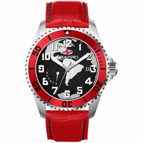Seapro Men's Watch - Voyager Silver Tone Case Black Dial Red Leather Strap | SP2741