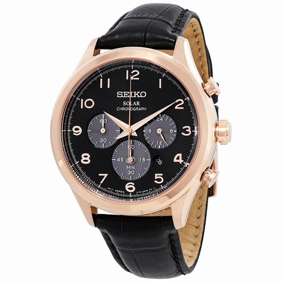 Seiko Men's Chronograph Watch - Core Solar Black Dial Leather Strap | SSC566