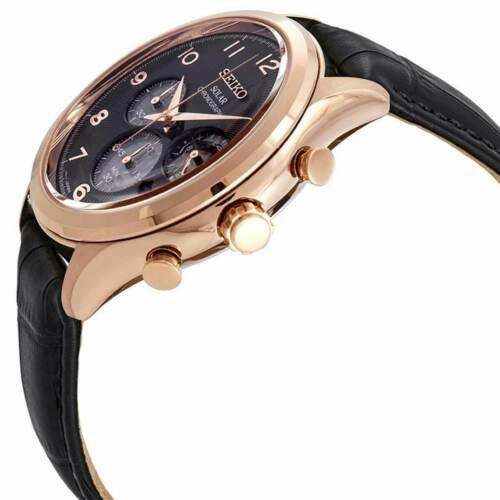 Seiko Men's Chronograph Watch - Core Solar Black Dial Leather Strap | SSC566