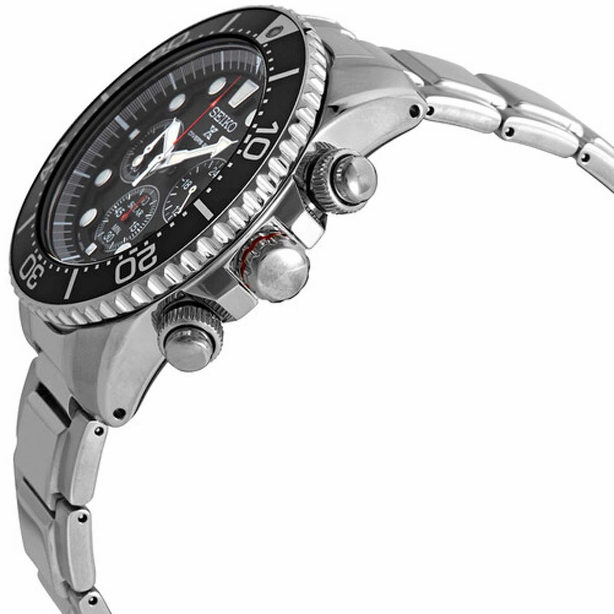 Seiko Men's Chronograph Watch - Prospex Solar Black Dial Silver Bracelet | SSC779P1