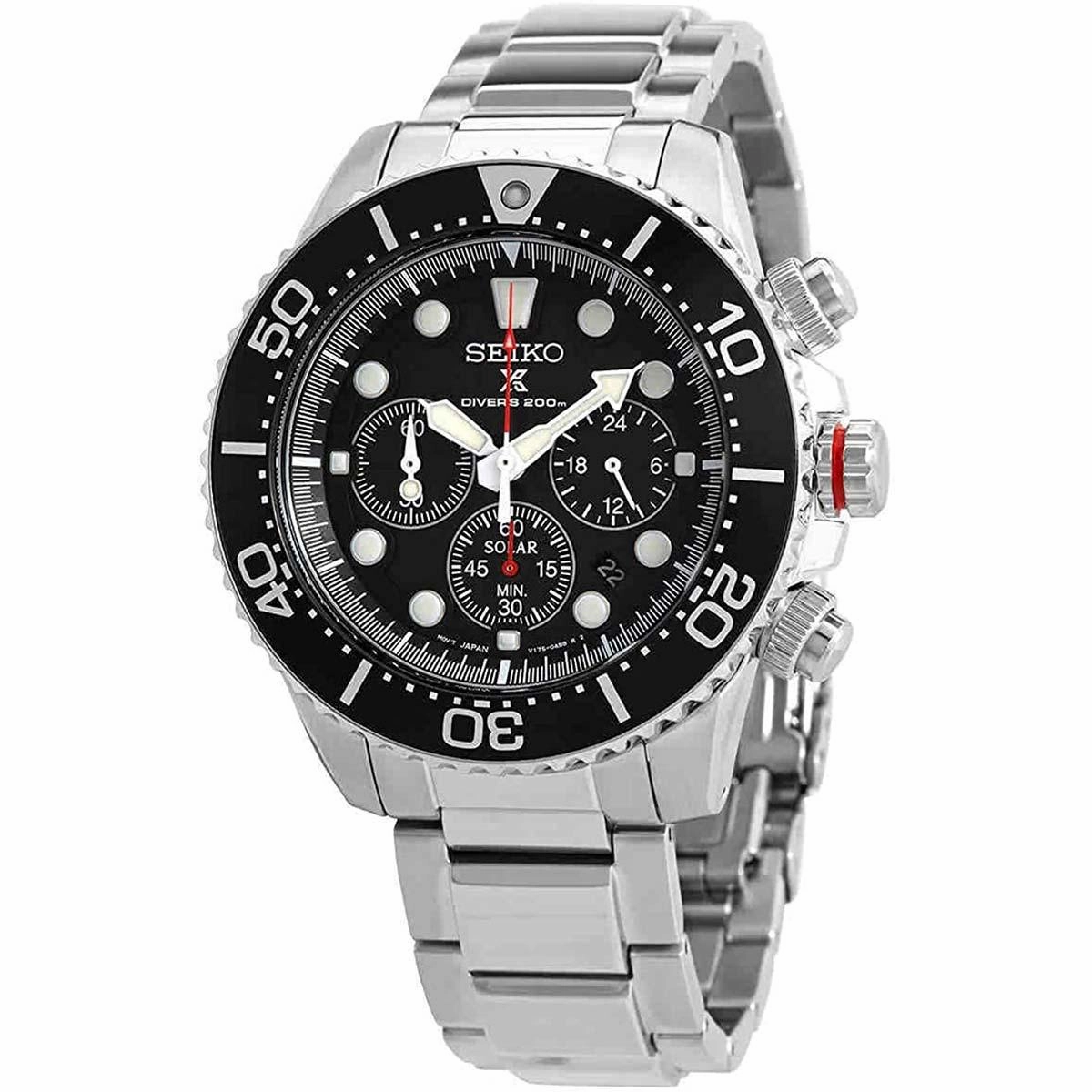Seiko Men's Chronograph Watch - Prospex Solar Black Dial Silver Bracelet | SSC779P1