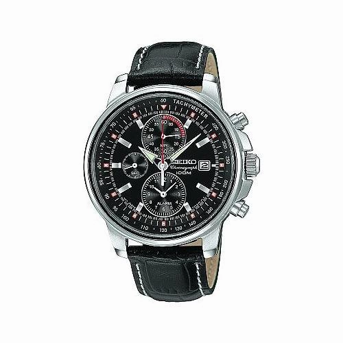 Seiko Men's Leather Strap Alarm Chronograph Watch SNAB65