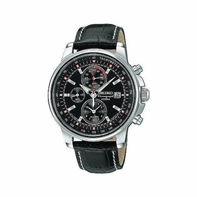 Seiko Men's Leather Strap Alarm Chronograph Watch SNAB65