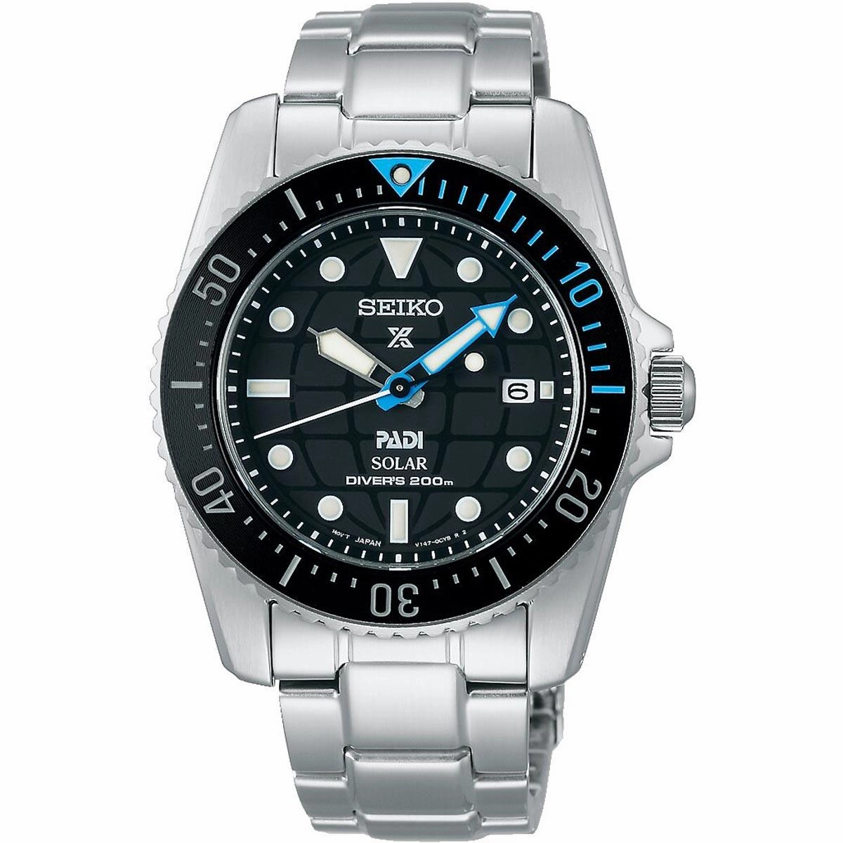 Seiko Men's Watch - Prospex Padi Solar Black Dial Bracelet Rotating Bezel | SNE575P1