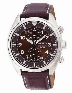 Seiko Mens Chronograph - Brown Dial - Brown Leather Strap - Sub-Second Dial