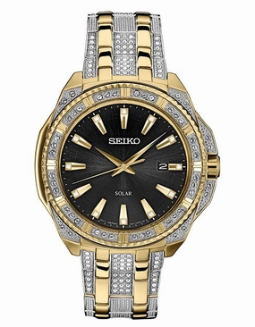 Seiko Mens Crystal Solar - Gold-Tone - Bracelet - Swarovski Crystal