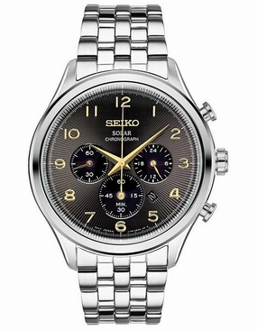 Seiko Mens Solar Chronograph - Black Sunray Dial - Two-Tone - Bracelet - Date