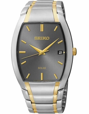 Seiko Mens Solar Dress Watch - Cushion Case - Gray Textured Dial - Date Display