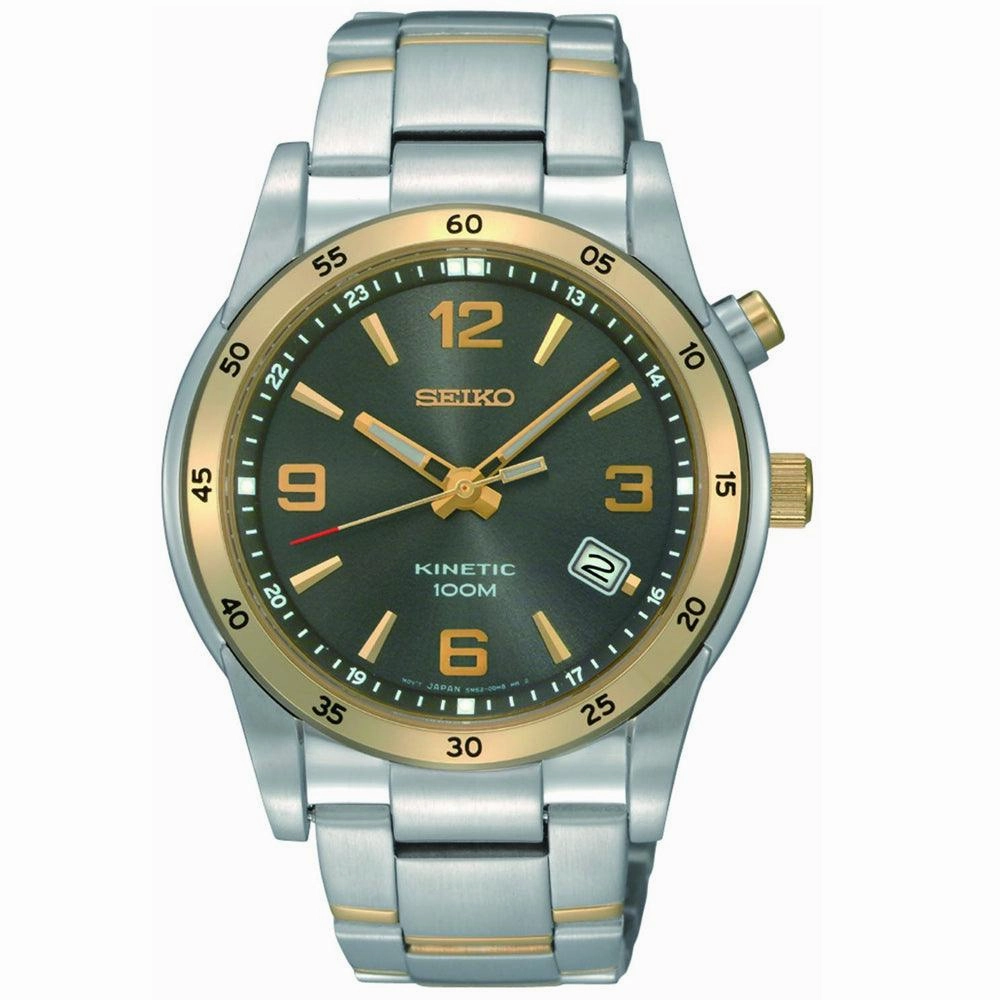 Seiko SKA508 Men's Kinetic Charcoal Dial Gold Tone Bezel Two Tone Bracelet Watch