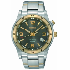 Seiko SKA508 Men's Kinetic Charcoal Dial Gold Tone Bezel Two Tone Bracelet Watch