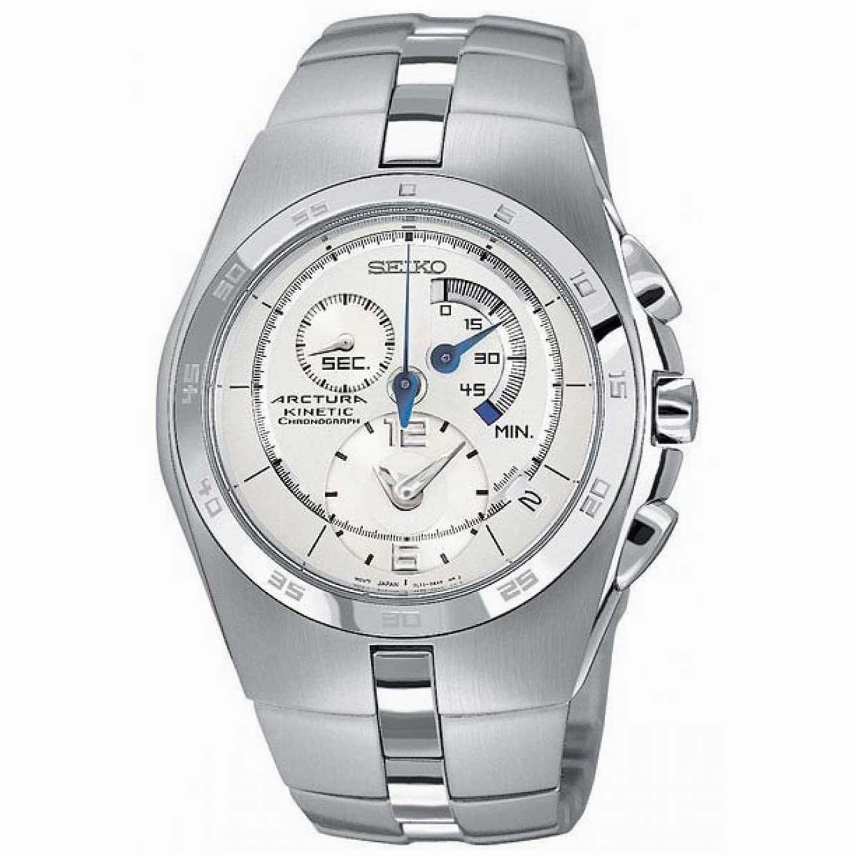 Seiko SNL001 Men's Arctura Silver Dial Steel Bracelet Chronograph Kinetic Watch