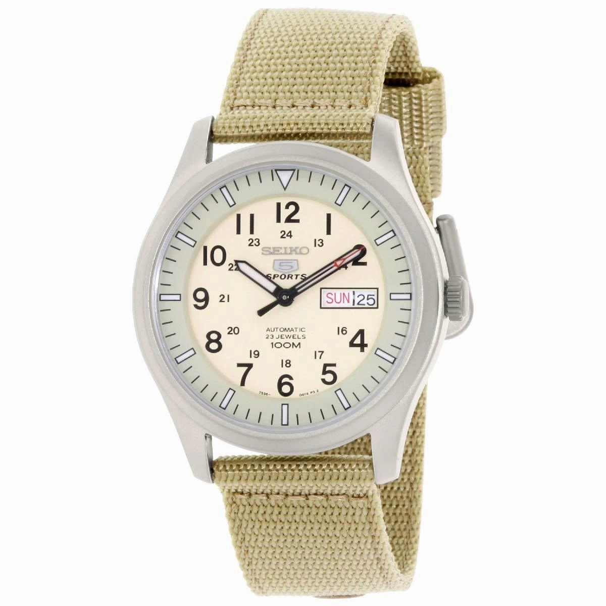 Seiko SNZG07 Men's 5 Sports Military Beige Dial Khaki Nylon Strap Automatic Watch