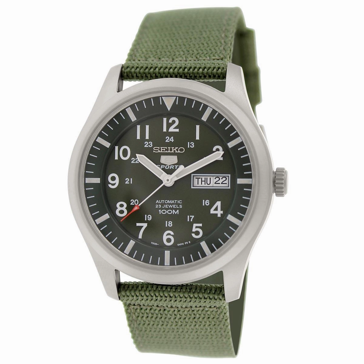 Seiko SNZG09 Men's 5 Sports Military Green Dial Green Nylon Strap Automatic Watch