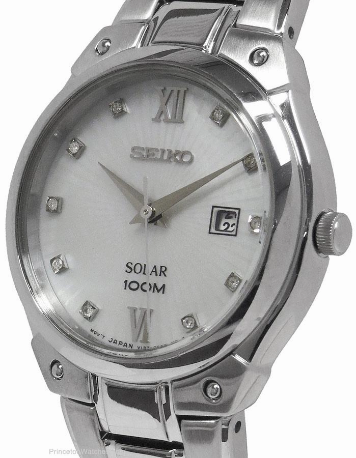 Seiko Solar Ladies Diamond Watch - Stainless - MOP Dial - 100M WR