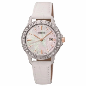 Seiko SUR871 Women's Swarovski Crystal Accented Bezel MOP Dial White Leather Strap Watch